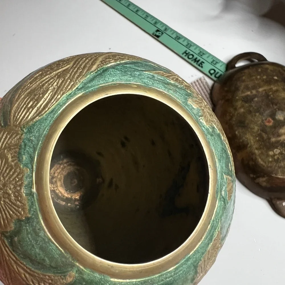 Vintage Brass Green Enamel Floral Set Egg Trinket Box Vase and Scalloped Tray